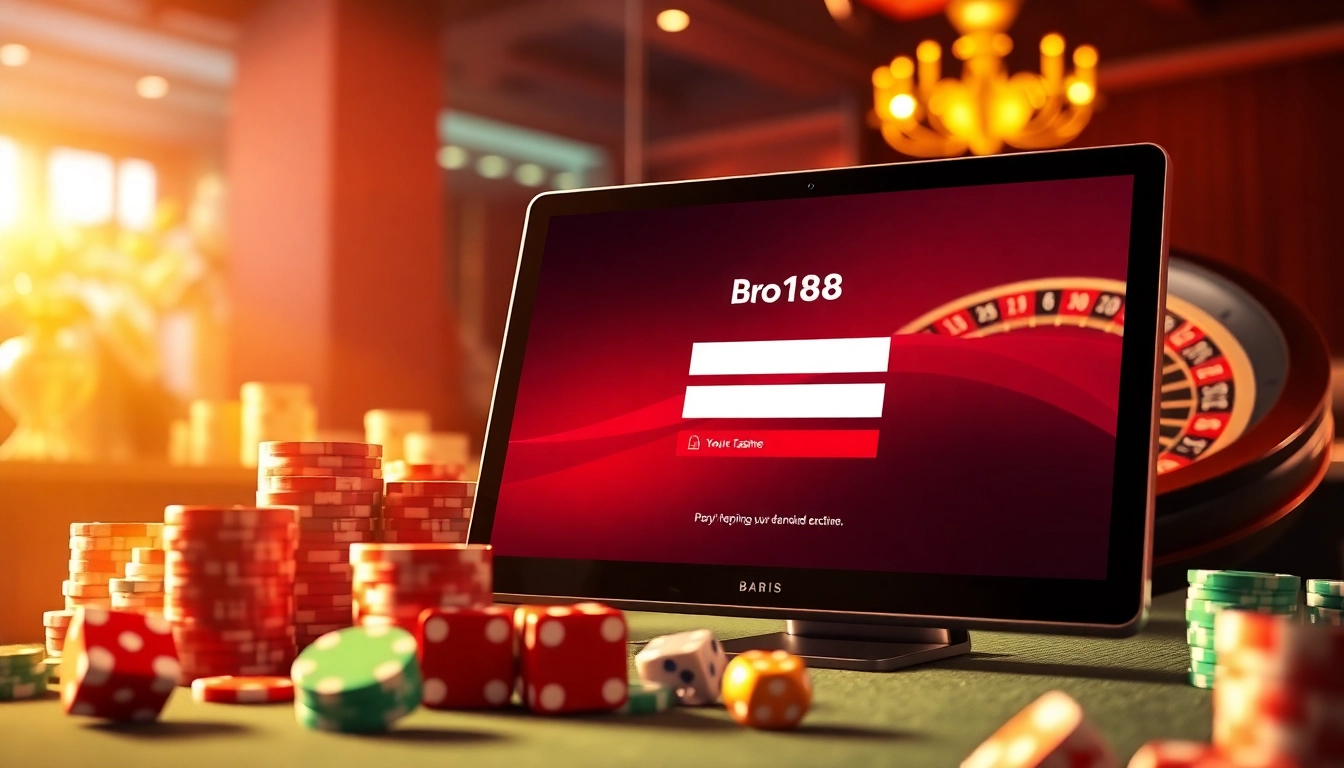 bro138 login screen displayed on a sleek tablet amidst poker chips and a roulette wheel, showcasing luxury in online gambling.