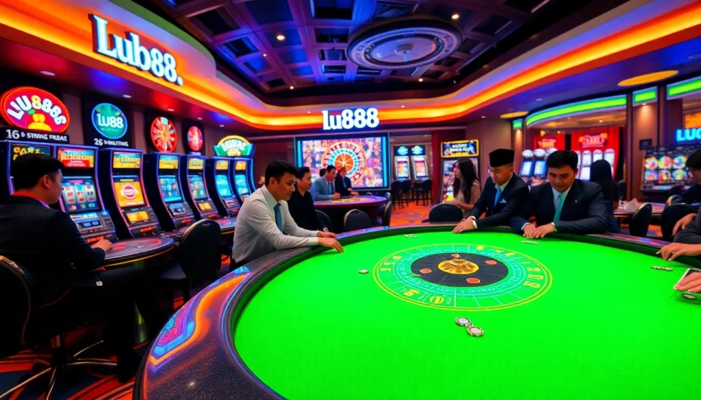 Engage in high-stakes gameplay at lu88's luxurious casino with vibrant slots and professional gamers.