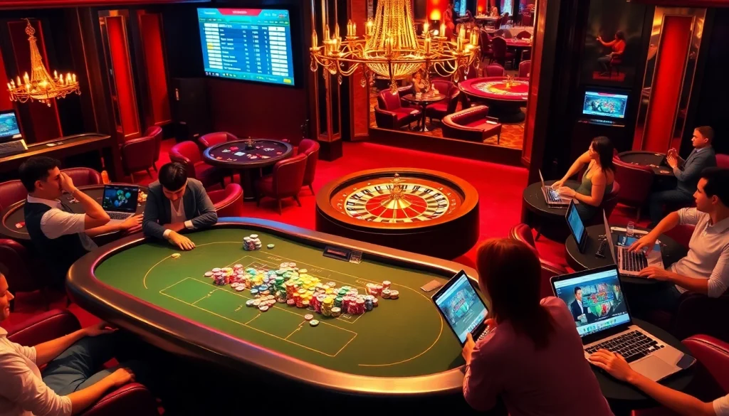B52 Club poker players strategizing over a high-stakes table, reflecting excitement and luxury.
