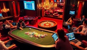 B52 Club poker players strategizing over a high-stakes table, reflecting excitement and luxury.