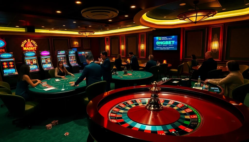 Players enjoying various games on https://onbet11.net/ in an elegant casino setting with vibrant slot machines.