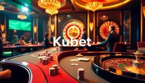 Kubet casino table showcasing vibrant poker chips and a spinning roulette wheel in a luxurious setting.