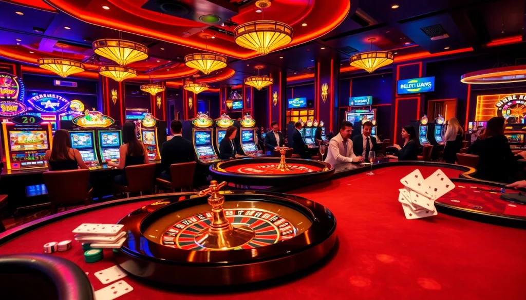 GK88 gaming area featuring vibrant casino tables, dynamic roulette wheel, and engaging players in elegant attire