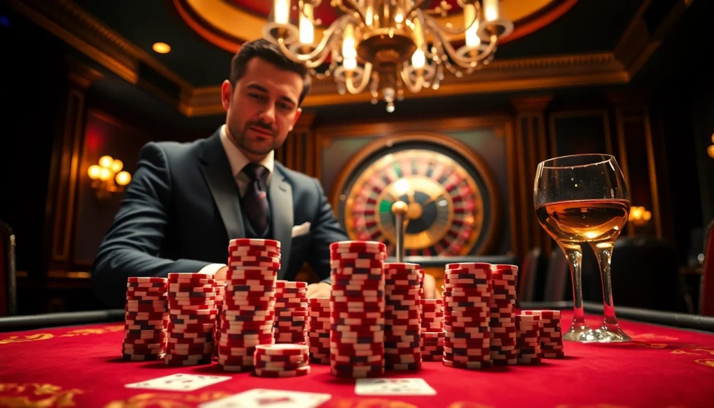 Experience the thrill of high-stakes poker at rik vip with elegant poker chips and cards glimmering in a luxurious casino setting.