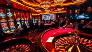 SODO-themed luxurious casino setting with poker players and vibrant slot machines.