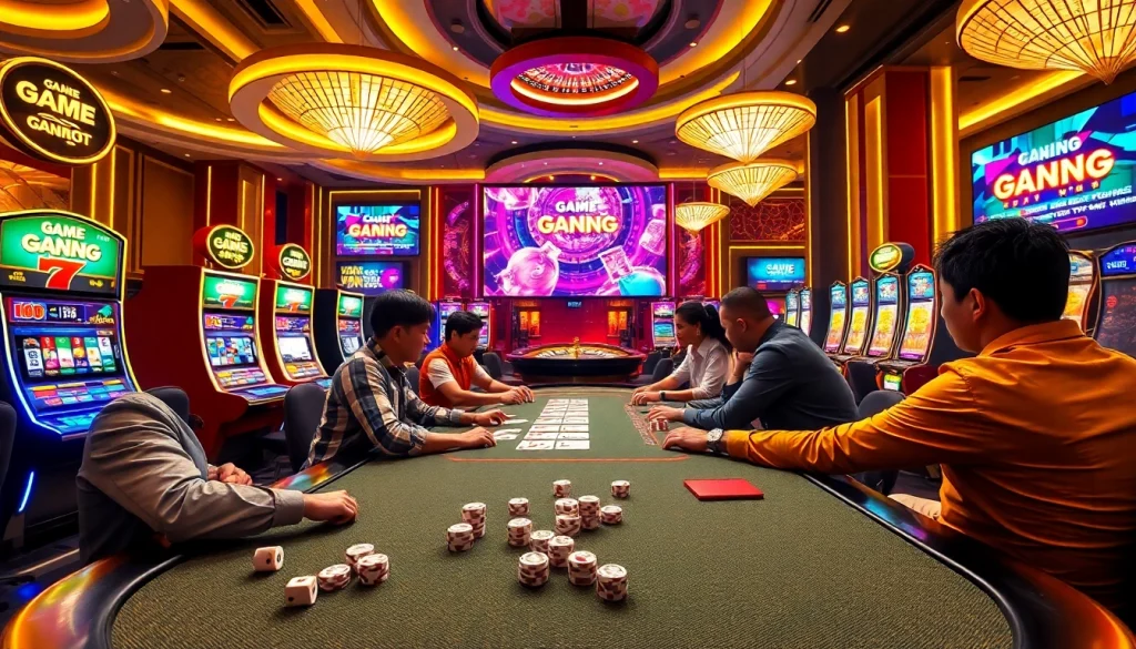 Experience the excitement of game bài đổi thưởng at a bustling casino table with vibrant poker chips.