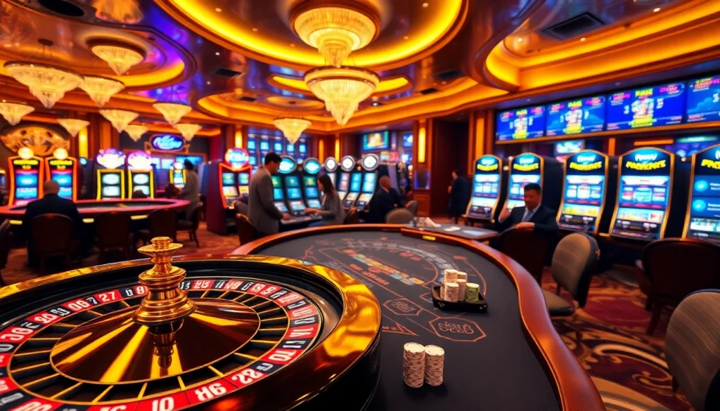 Experience the thrill of F8bet with vibrant casino visuals featuring roulette, poker, and slot elements.