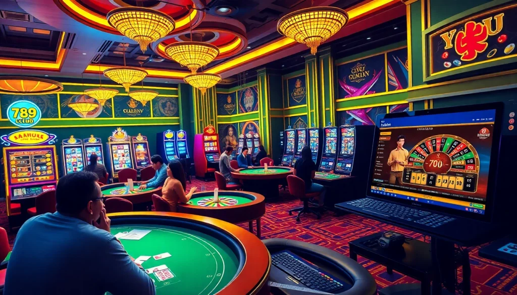 Players enjoying the thrill of games at 789club online casino, featuring poker tables and colorful slots.