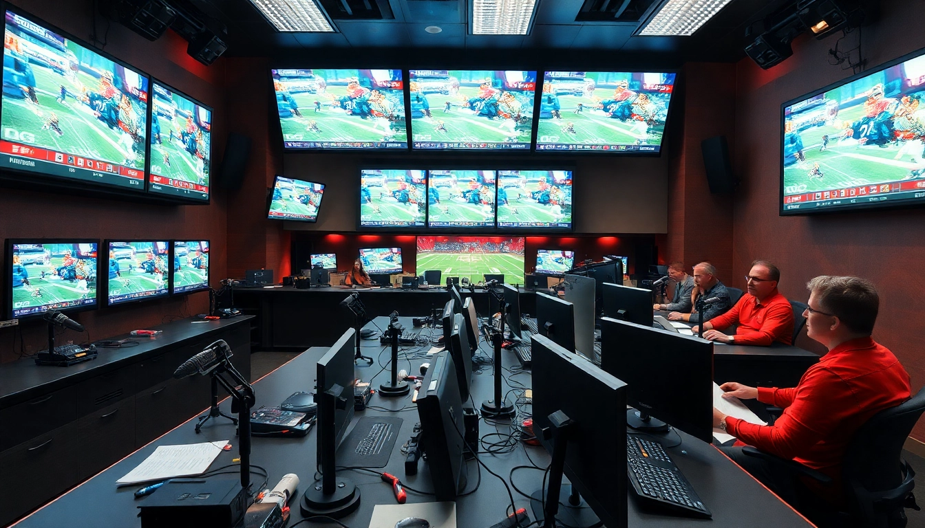 Dynamic scene of Sports Broadcasting with broadcasters and live games on screens.