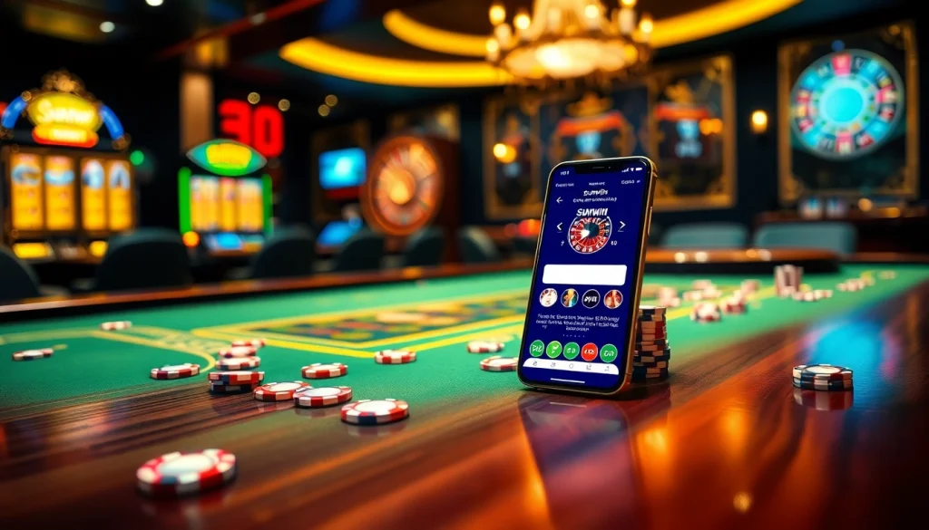 Engaging players at Sunwin's luxurious gaming table with vibrant chips and mobile app.