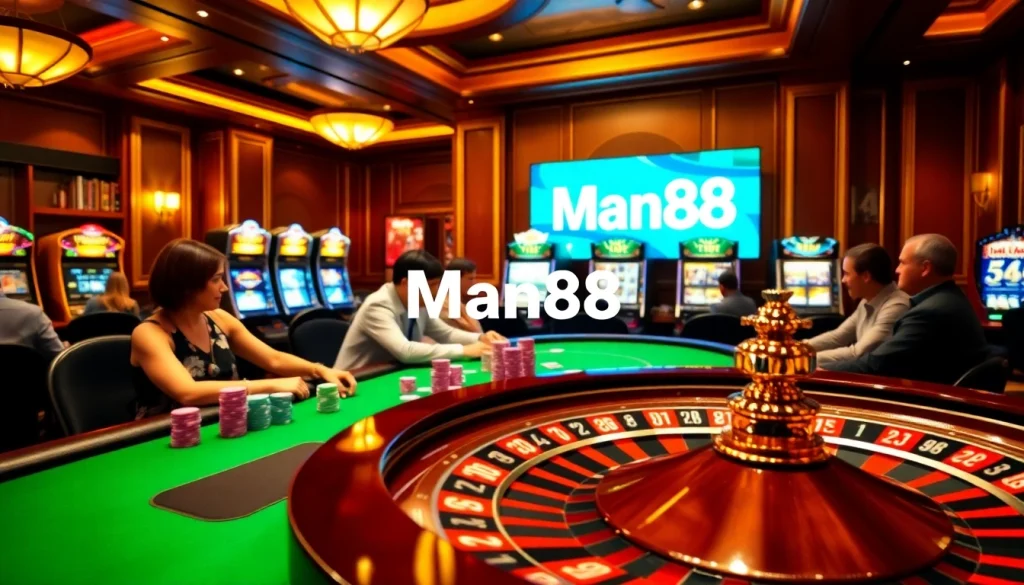 Engaged players at a poker table and vibrant casino atmosphere reflecting Man88's luxury gaming experience.