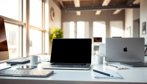 Usar laptops Apple en un espacio de trabajo moderno y elegante, ideal para aumentar la productividad.