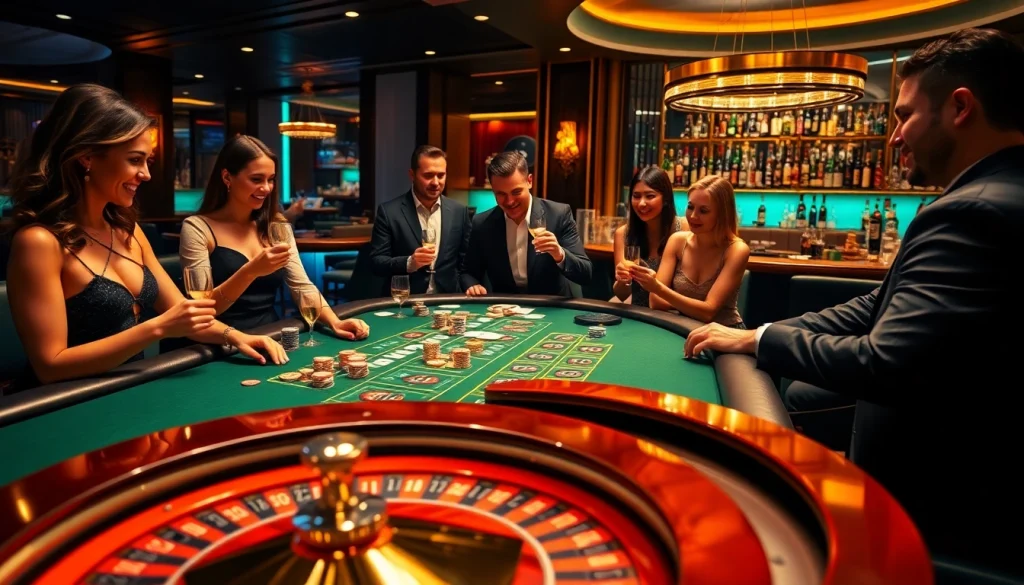 Experience go8-level excitement at a luxurious casino blackjack table filled with vibrant action.