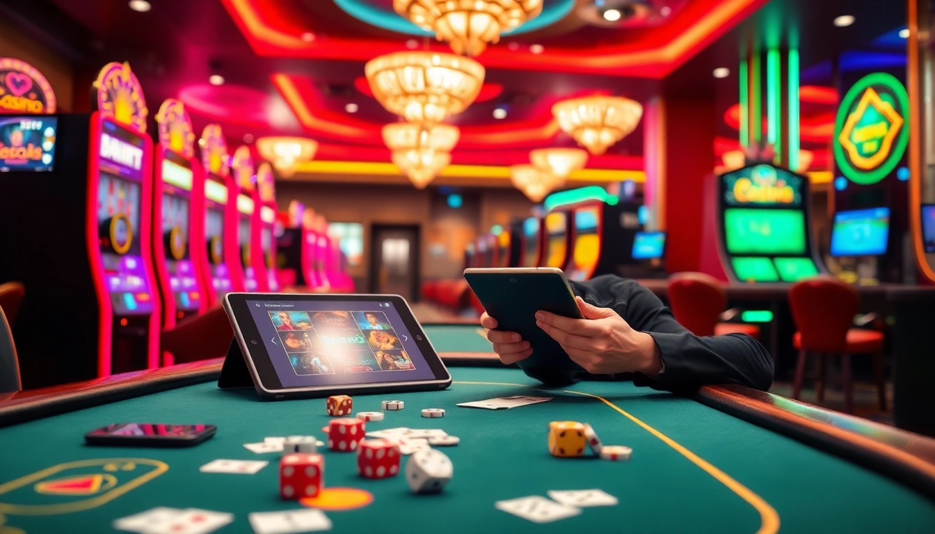 Experience thrilling gaming with QQMacan login at an elegant casino featuring vibrant slot machines.