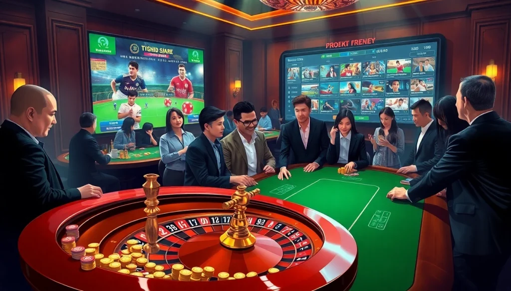 Exciting kèo bóng đá betting scene with gamblers at an upscale casino table.