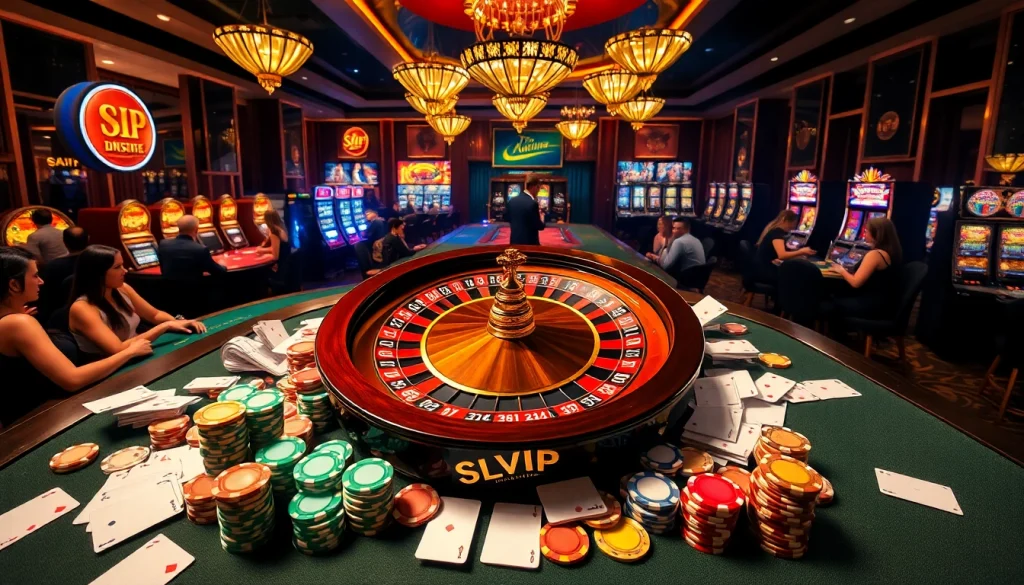 Engage with thrilling casino gameplay at https://slvip1.com.ph/, featuring poker chips, roulette, and vibrant gaming atmosphere.