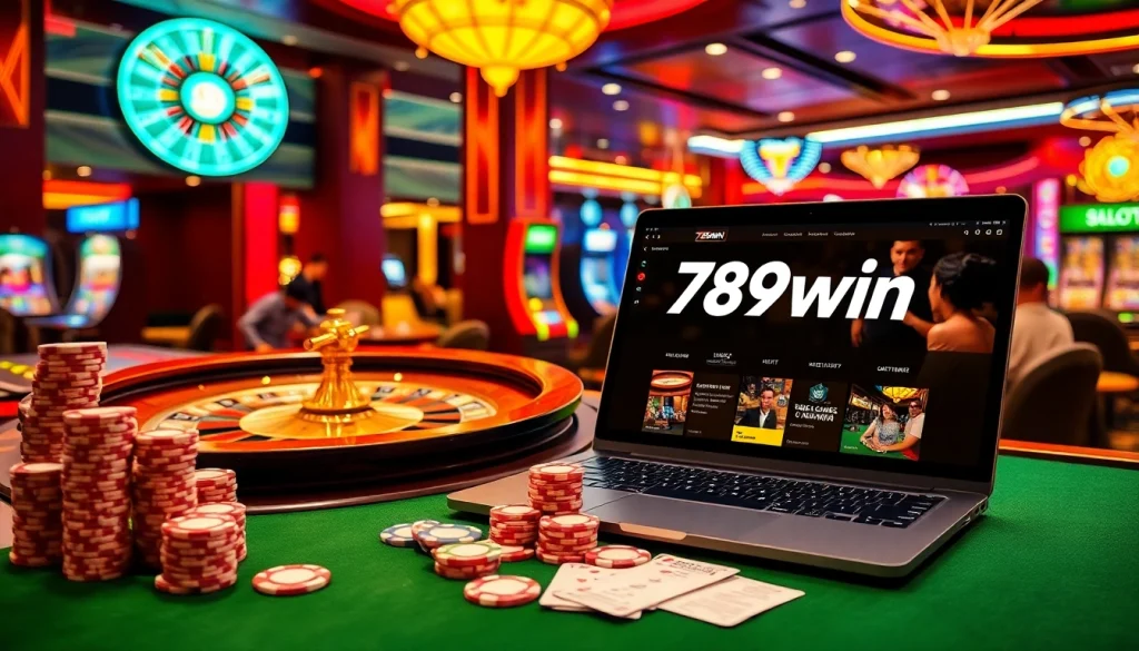 Experience the excitement of 789win with vibrant casino tables and slot machines in a luxurious setting.