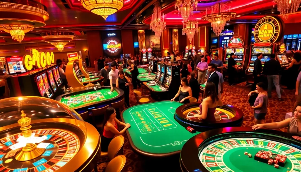 Players enjoying thrilling games at KKWIN, showcasing vibrant slot machines and casino tables for an exciting experience.