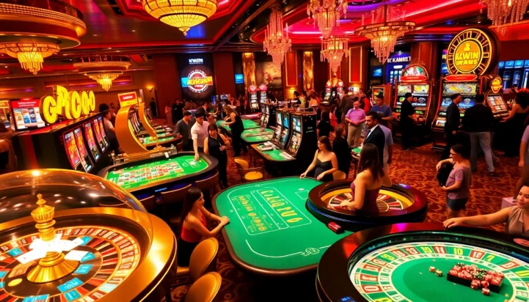 Players enjoying thrilling games at KKWIN, showcasing vibrant slot machines and casino tables for an exciting experience.