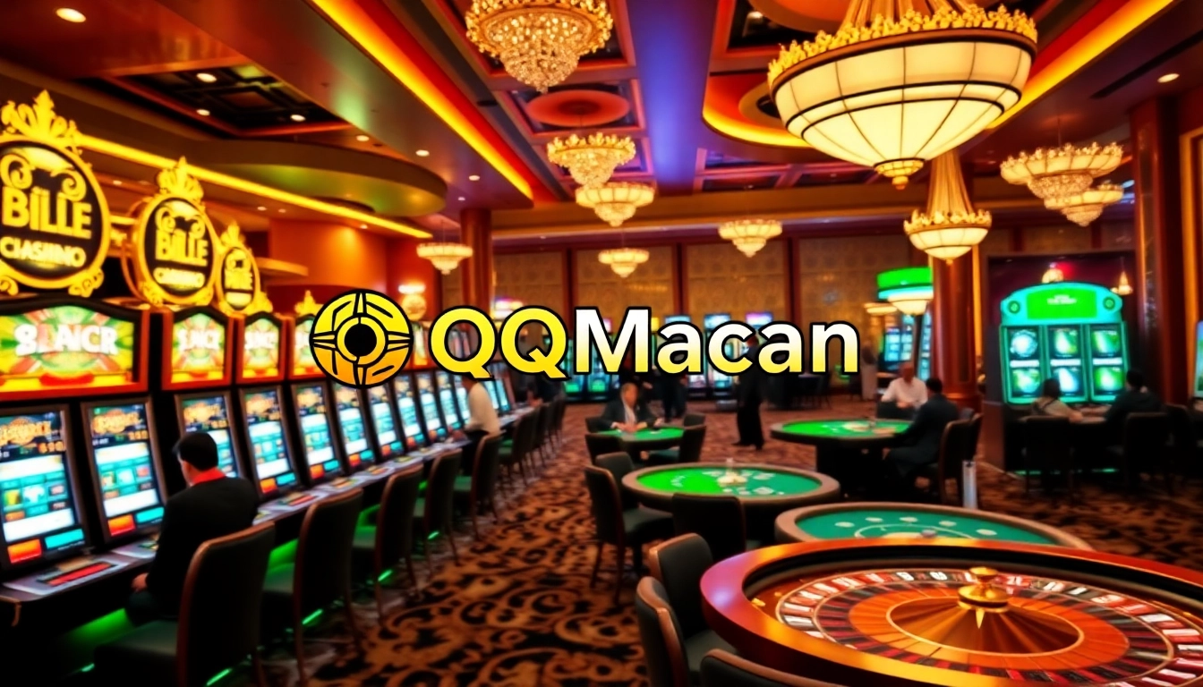 Experience the thrill of gambling with a dynamic casino scene highlighting the qqmacan login process and vibrant slot games.