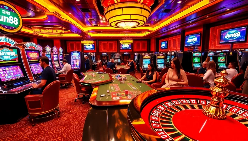 Experience the excitement of Jun88 Casino with vibrant games, poker tables, and thrilling action.
