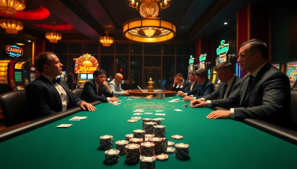 Players engaging in an exciting poker game at XX88 casino, with chips and cards prominently displayed.