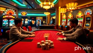 Players enjoying an exciting blackjack game at a phwin casino, showcasing vibrant chips and roulette.