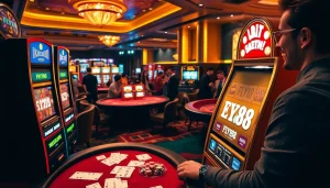 Experience thrilling moments at FLY88 casino with poker tables and slot machines lighting up the scene.