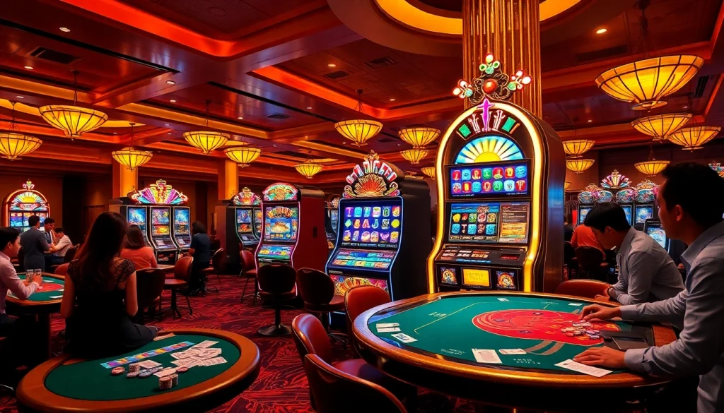 Engaging scene of players enjoying slot gacor terpercaya at a luxurious casino with vibrant slot machines.