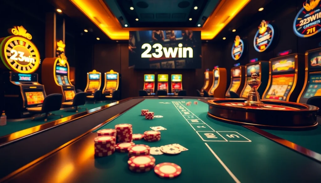 Players engaging with the 23win platform at an online casino, featuring poker chips and a roulette wheel.