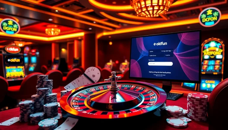 Experience seamless đăng nhập okfun with a dynamic casino scene featuring roulette, poker chips, and online betting.