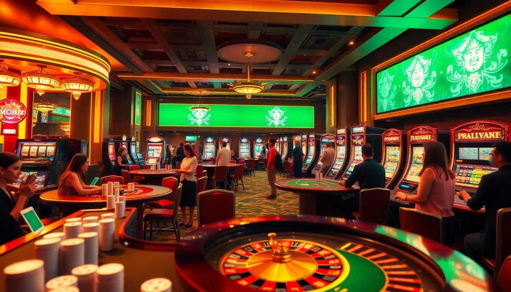 Pahla4d gaming scene showcasing vibrant slot machines and enthusiastic players engaged in high-stakes excitement.