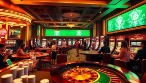 Pahla4d gaming scene showcasing vibrant slot machines and enthusiastic players engaged in high-stakes excitement.
