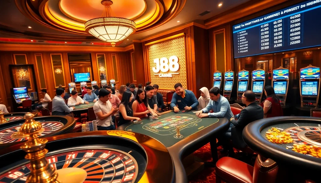 Players engaging at a J88-themed blackjack table in a luxurious casino environment.