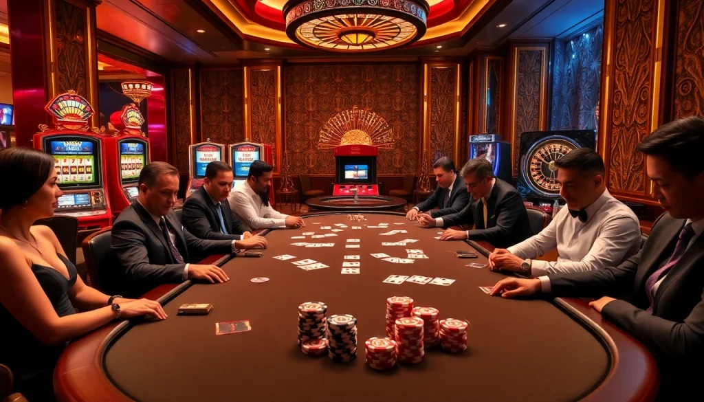 Engaged players at a luxurious poker table featuring king33-themed chips and cards.