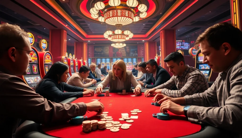 Experience thrilling gameplay at NK88's vibrant casino tables filled with poker chips and cards.