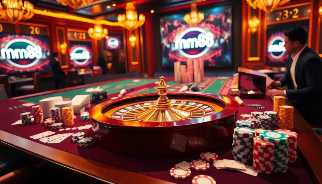 Amazing casino scene showcasing mm88 logo with poker chips, roulette wheel, and lively ambiance.