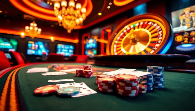 Engage in thrilling online gambling at https://www.eejl88888.com/ with vibrant poker chips and a spinning roulette wheel.