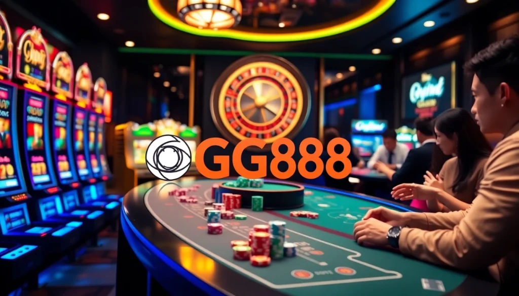Exciting gaming atmosphere at GG88 online casino with colorful slot machines, cards, and poker chips.