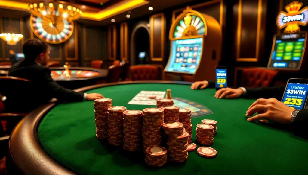 Players enjoying a thrilling poker game at 33WIN casino, showcasing chips and cards in action.