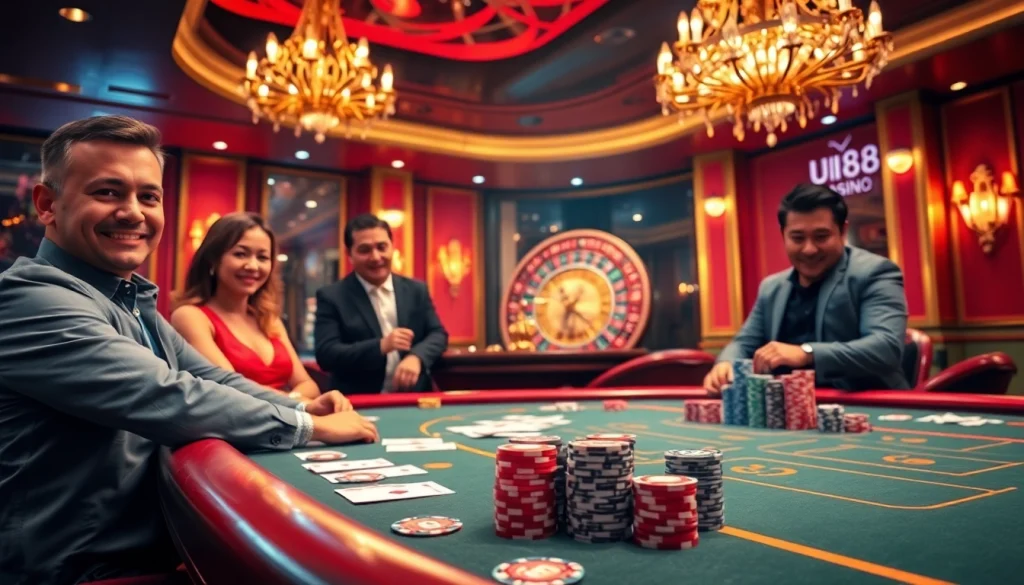 Experience the excitement of UU88 gaming at a luxurious casino with poker chips and roulette.