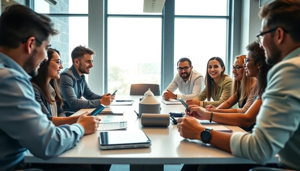 Marketing Agency team collaborating creatively in a modern office setting.