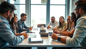 Marketing Agency team collaborating creatively in a modern office setting.