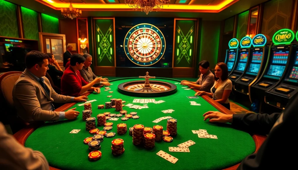 Experience thrilling poker action at mb66 casino, showcasing a vibrant table and excited players.