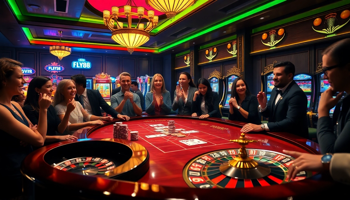 FLY88 poker table scene with luxurious chips, cards, and roulette excitement.