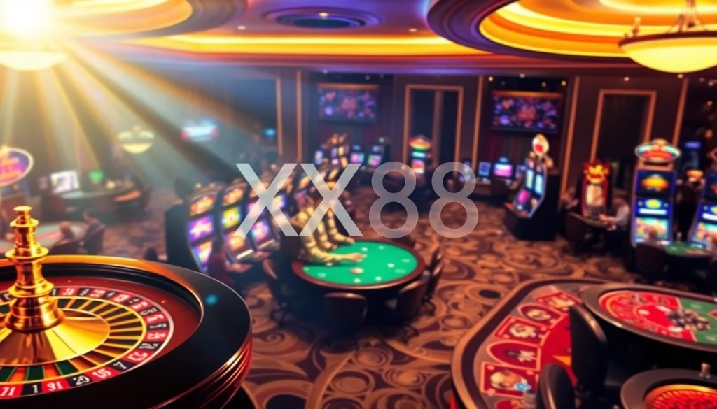 Exciting gambling scene at XX88 casino with roulette, poker tables, and vibrant slots.