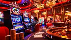 Excited player wins big at slot machine while exploring https://tr88.work/ with vibrant chips and cards.