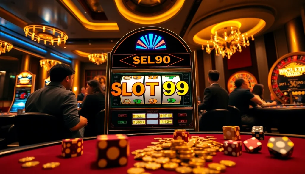 SLOT99 exciting slot machine action in a luxury casino environment with vibrant players.