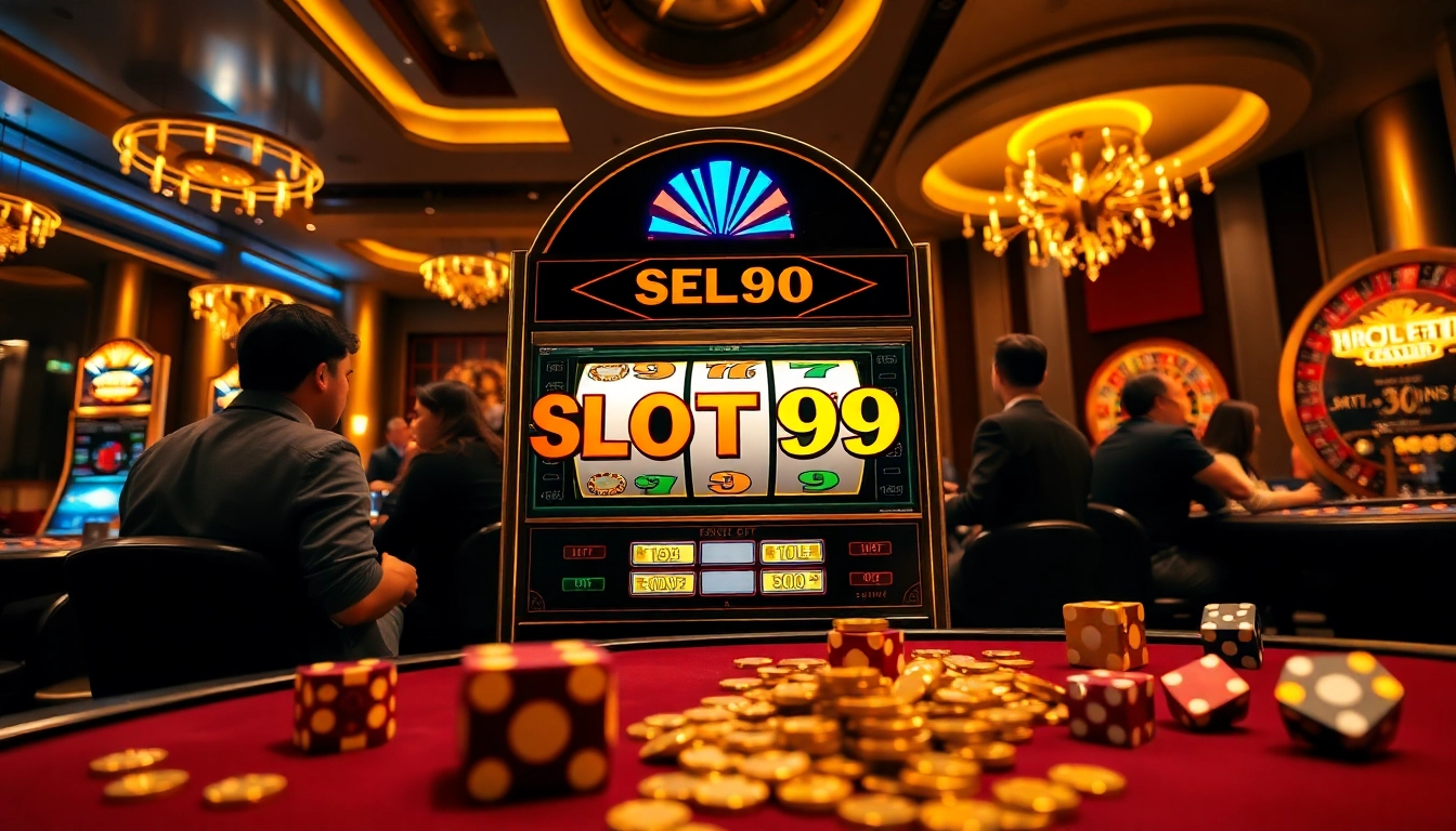SLOT99 exciting slot machine action in a luxury casino environment with vibrant players.