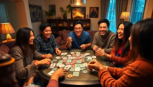 Friends enjoying Yono Rummy game night with colorful cards and snacks.